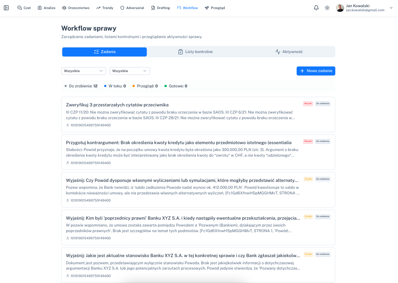 Screenshot modułu Workflow & Zadania